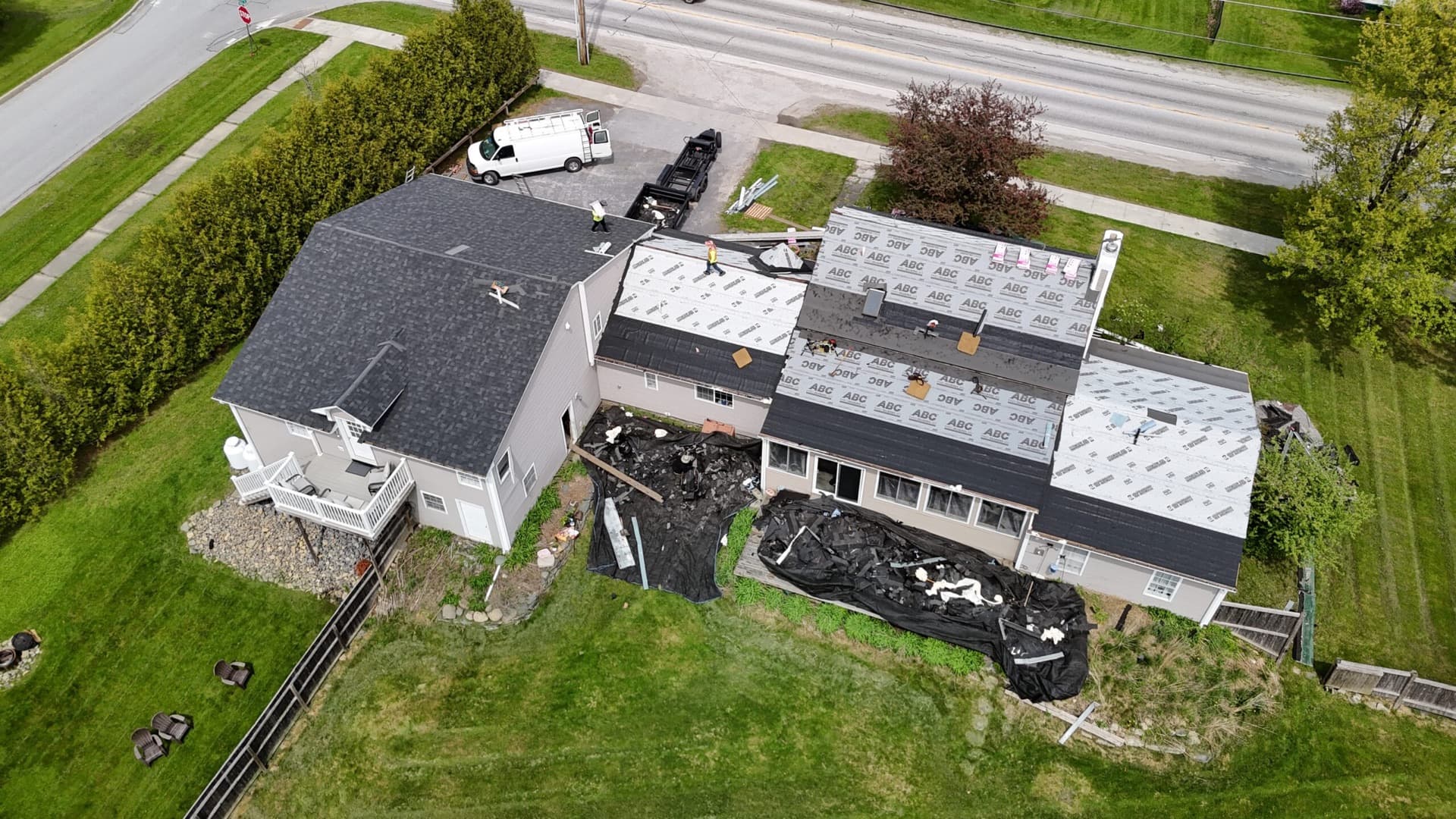 Drone shot of a Vermont roof replacement mid-project